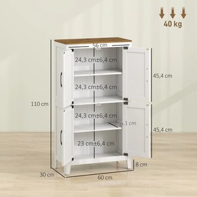 Armário Estreito para Casa de Banho com Portas Estilo Celeiro, 4 Prateleiras Ajustáveis, 60x30x110 cm, Branco