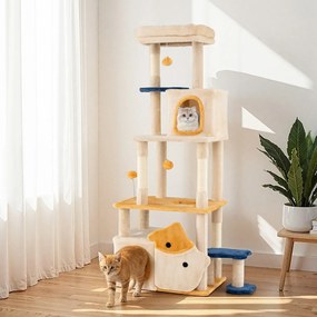 Arranhador para Gatos 85 x 42 cm x 159 cm com 2 Casas Percha de Pelúcia Removível Postes de Sisal para Arranhar Amarelo
