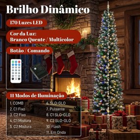 Árvore de Natal Estreita Pré-iluminada 180 cm, LEDs de Dupla Cor, Efeito Nevado, Comando, 11 Modos, 351 Pontas, 170 LEDs, Verde/Branco