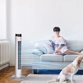 HOMCOM Ventoinha de Coluna Oscilante 45 W com Controlo Remoto Temporizador de 12h 3 Velocidades 3 Modos Ecrã LED e Alça de Transporte para Dormitório Ø31,5x93 cm Branco