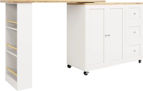 Ilha de cozinha extensível giratória 360°, com 3 gavetas, 2 portas e prateleira lateral para petiscos, 135-203x39x106 cm, Branco