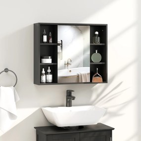 Móvel de casa de banho parede com espelho 60 x 14,5 x 49,4 cm, armário com portas e 6 compartimentos abertos, preto