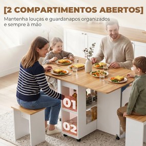 Conjunto de Mesa de Jantar Dobrável com 4 Bancos Ocultos, 2 Abas Rebatíveis, Rodas e Prateleiras, cor Carvalho
