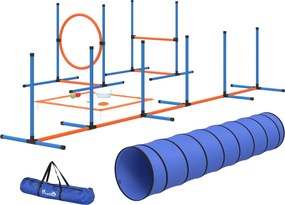 Conjunto de agilidade para cães  350 x 68 x 70 cm de 8 peças com túnel, slaloms, obstáculos ajustáveis e saco de transporte laranja, azul