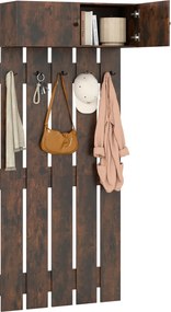 Cabide de parede para hall de entrada 90 x 33 x 210 cm com 5 ganchos duplos e armário com 2 portas e prateleira superior Castanho