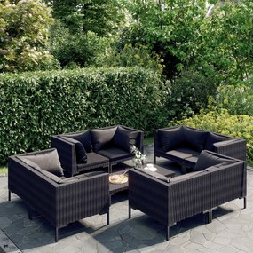 vidaXL 9 pcs conj. lounge jardim c/ almofadões vime PE cinzento-escuro