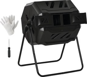 Compostor de jardim - Caixote de compostagem para resíduos - Rotativo a 360° - Dupla câmara 160 L - Aço PP preto