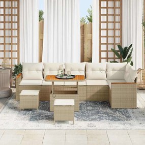 Conjunto de Sofás de Jardim 9 Peças com Almofadas Bege Rattan PE Acáci
