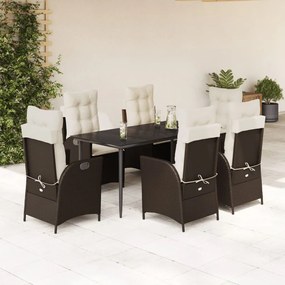 vidaXL 7 pcs conjunto jantar p/ jardim c/ almofadões vime PE castanho