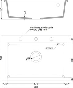 Mexen Elix lavatório de cozinha em granito de 1 cuba 700 x 500 mm, bege, sifão dourado - 6526701005-69-G