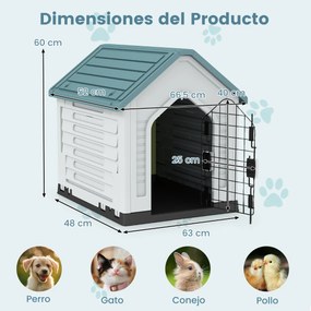Casota para cães 66,5 x 52 x 60 cm com porta metálica com fechadura e telhado inclinado Boa ventilação para interior e exterior Azul