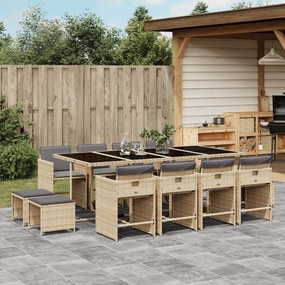 vidaXL 13 pcs conj. jantar jardim c/ almofadões vime PE bege misturado
