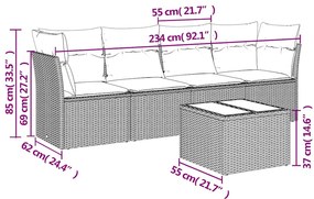 5 pcs conj. sofás jardim c/ almofadões vime PE cinzento-claro