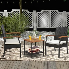 Conjunto de 2 cadeiras de jardim de vime com braços Almofada para exterior de rattan Estrutura metálica Poltronas Pátio Varanda Terraço Castanho misto