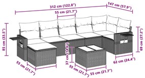 8 pcs conj. sofás jardim c/ almofadões vime PE cinzento-claro