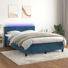 Cama box spring c/ colchão/LED 140x200 cm veludo azul-escuro