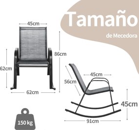 Conjunto de 2 cadeiras de baloiço para jardim Assento ergonómico em textilene Baloiço suave Carga até 150 kg 91 x 62 x 86 cm Cinzento