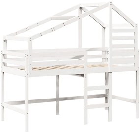 Cama alta c/ escada e telhado 90x200 cm pinho maciço branco