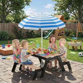 Mesa de piquenique infantil com guarda-sol, conjunto de jardim 3 em 1 em madeira para crianças dos 3 aos 6 anos com 2 caixas, natural