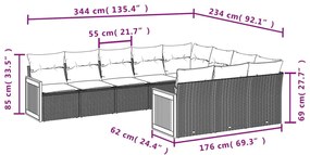 10 pcs conjunto sofás de jardim c/ almofadões vime PE cinzento