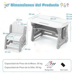 Conjunto de mesa e cadeira para crianças com quadro negro inclinado, suporte para livros e prateleira côncava para maiores de 3 anos, cinza