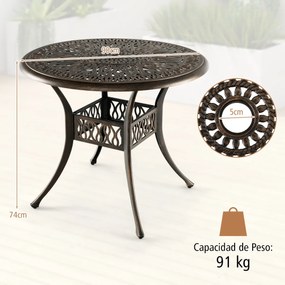 Mesa de jardim em alumínio com orifício para guarda-sol de 5 cm 90 x 74 cm Castanho antigo