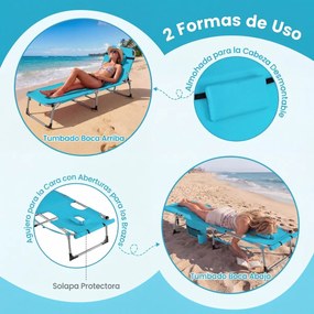 Conjunto de 2 Espreguiçadeiras de Praia Dobráveis, 166 x 60 x 35 cm, Encosto e Apoio para os Pés Ajustáveis, Azul