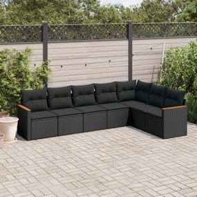 7 pcs conjunto de sofás p/ jardim c/ almofadões vime PE preto