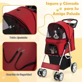 Carrinho de passeio dobrável para animais de estimação, 4 rodas, portátil, para gatos/cães, com janela de cesta, 87 x 46 x 102 cm Vermelho