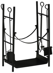 Suporte para Lenha de 2 Níveis Porta Lenha Exterior e Interior Metálico com 4 Ferramentas para Lareira Carga Máx. 70kg 44,5x29,x73 cm Preto