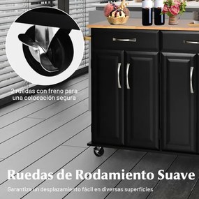 Carrinho para ilha de cozinha com tampo de madeira Estantes ajustáveis 2 gavetas grandes 122 x 48 x 92,5 cm Preto