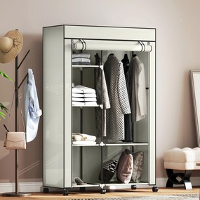 Guarda Roupa de Tecido Dobrável com 6 Prateleiras 1 Barra de Pendurar e Rodas para Quarto 103x43x162,5 cm Creme