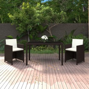 vidaXL 3 pcs conjunto jantar p/ jardim c/ almofadões vime PE castanho