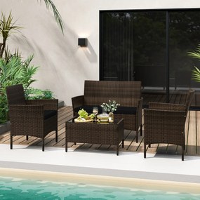 Conjunto de jardim, 4 peças: mobiliário de exterior com cadeira, sofá de 2 lugares e mesa de vidro temperado Castanho misto e almofadas pretas