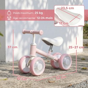 Bicicleta de Equilíbrio para Bebé, 52 x 22 x 37 cm, 4 Rodas Luminosas, Rosa
