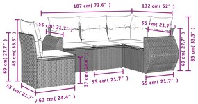 5 pcs conjunto sofás de jardim c/ almofadões vime PE cinzento