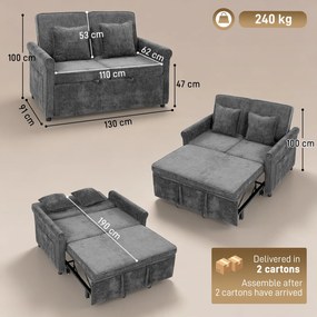 Sofá-cama 2 Lugares 3 em 1 com Encosto Ajustável em 5 Posições Bolsos Laterais e 2 Almofadas Cinza