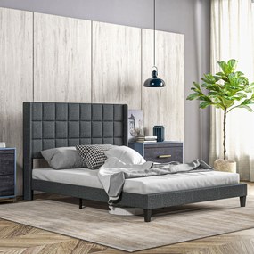 Cama de Casal 135x190 cm com Cabeceira Estofada com Laterais e Arrumação Inferior, Cinzento