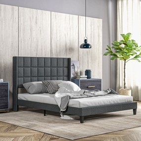 Cama de Casal 135x190 cm com Cabeceira Estofada com Laterais e Arrumação Inferior, Cinzento