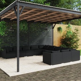 vidaXL 11 pcs conjunto lounge de jardim c/ almofadões vime PE preto