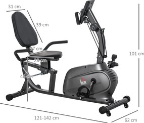 Bicicleta Estática com Encosto 8 Níveis de Resistência Bicicleta Banco Ajustável e Ecrã LCD 121-142x62x101 cm Preto