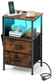Mesa de cabeceira com estação de carregamento, 2 gavetas e 6 bolsos laterais, mesa lateral industrial para quarto, marrom, 2 peças