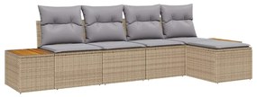 Conjunto de Sofá de Jardim de 5 Peças com Almofadas Bege Rattan Poliet