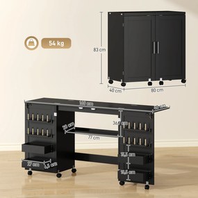 Mesa de Costura Dobrável, 80 x 40 x 83 cm, 6 Rodas Giratórias, Preto