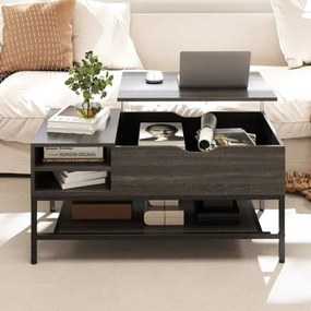Mesa de centro elevatória 99,5 x 49,5 x 47,5 cm com compartimento oculto em madeira com prateleira de arrumação cinzenta