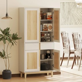 Armário alto de cozinha, armário de cozinha com 4 portas, 2 gavetas e prateleiras ajustáveis, 80 x 35 x 170 cm, branco e carvalho