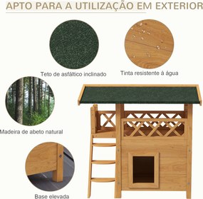 Casa para Gatos de Madeira 77x50x73cm com 2 Níveis  Teto Asfáltico Terraço Cercado Caverna e Escada Madeira