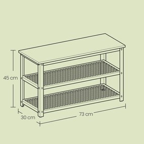 Banco elegante para sapatos com 2 prateleiras em rede 30 x 73 x 45 cm cinza + preto