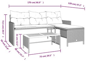 Sofá de jardim forma de L c/ mesa e almofadões vime PE cinzento