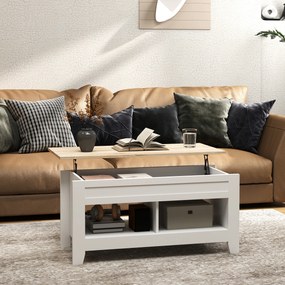 Mesa de Centro com Bancada Elevável 2 Compartimentos Abertos Bancada de Madeira 105x50x49 cm Branco e Madeira